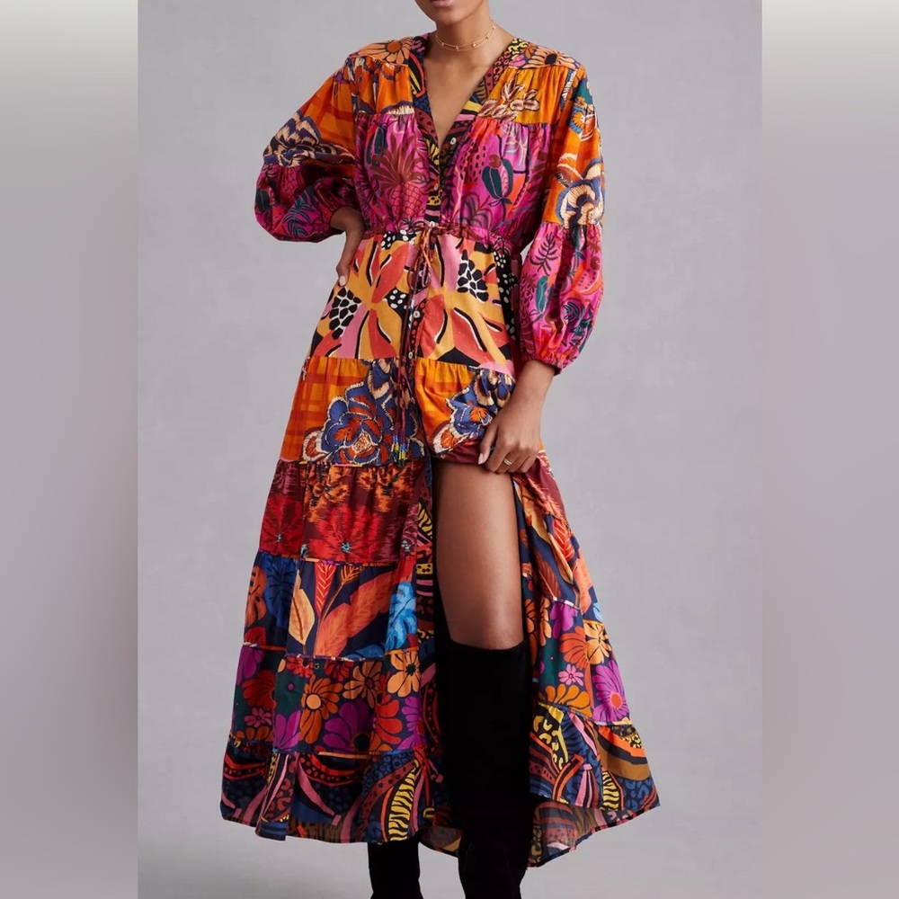 FARM Rio x Anthropologie Women’s Multicolor Button Front Maxi Dress Size Small
